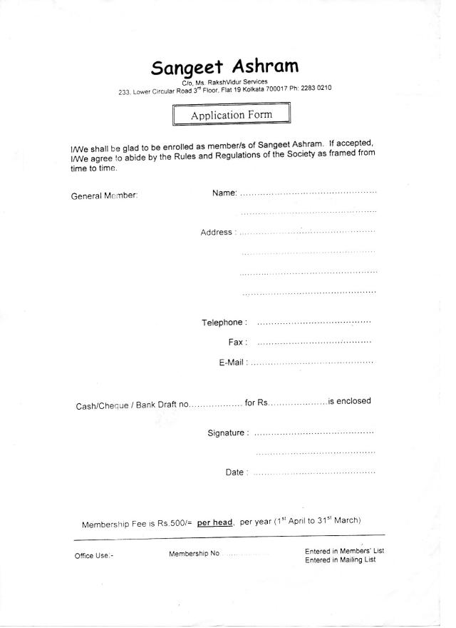 Sangeet Ashram Membership Application Form